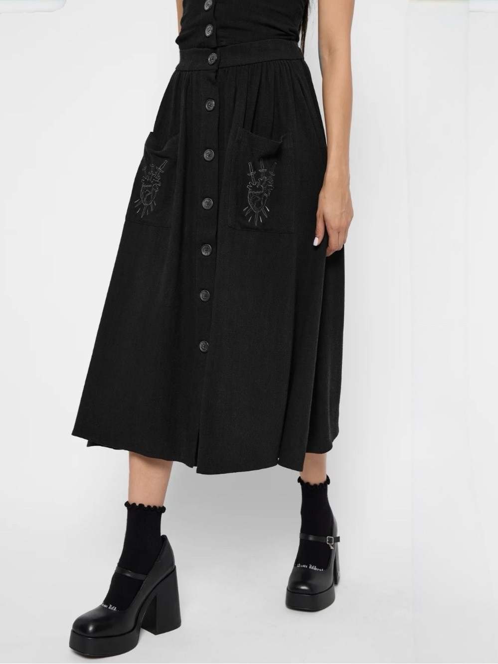 Mary Wyatt Kassandra Linen Button Front Midi Skirt Black